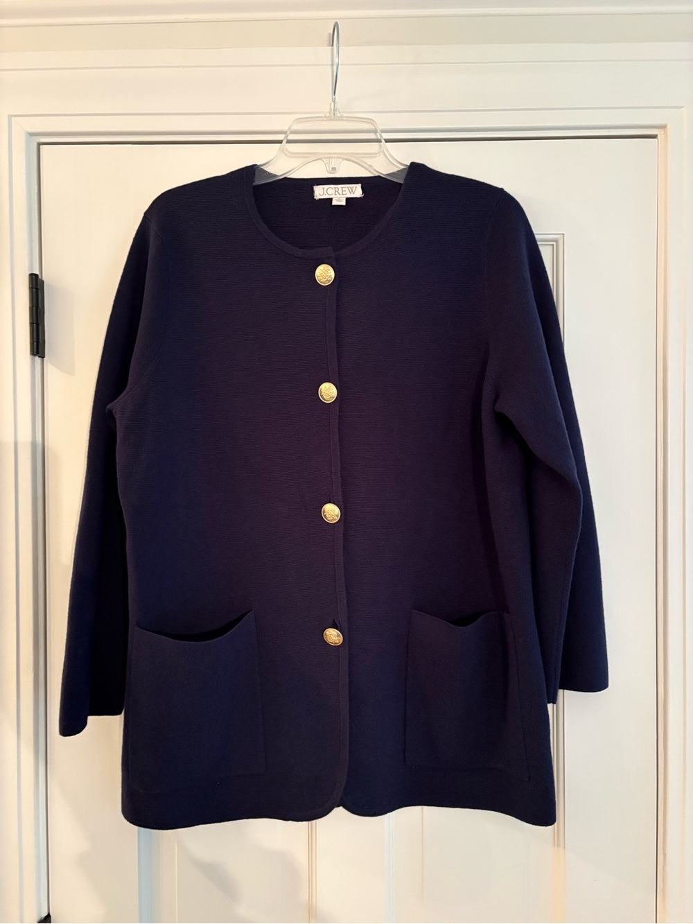J. Crew Navy Crewneck Cardigan with Gold Buttons